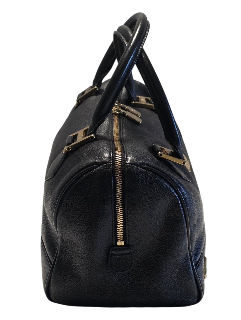 MCM Boston Bag With Gold Hardware Classic Black Leather Dome Satchel Handbag - Picture 7 of 15